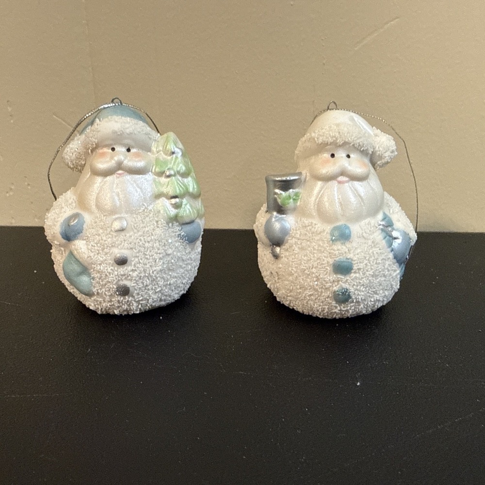 Vintage Blue & White Santa Clause Ornaments Glitter Snow Texture